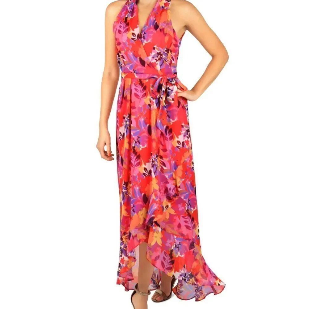Julia Jordan Womens Dress Size 10 Fuchsia Multi High Low Halter Neck JJ38910 NWT